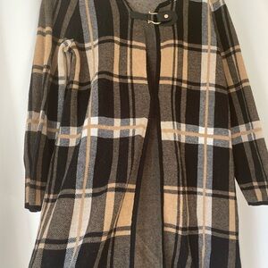 Anne Klein Black and Tan Plaid coat Cardigan with Buckle size M NWOT